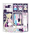  artemis_(sailor_moon) bishoujo_senshi_sailor_moon black_cat blonde_hair blue_footwear blue_skirt boots cat closet dress jacket long_hair luna_(sailor_moon) mamobot pink_footwear sailor_moon skirt sleeping tsukino_usagi white_cat white_dress white_jacket white_skirt 