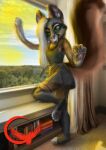  anthro book bottomwear clothing curtains female fluffy fluffy_tail forest hi_res pawpads paws pink_paws plant ravn_kravits skirt solo tree window 