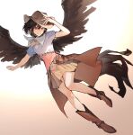  1girl bandana blue_shirt boots brown_footwear brown_hair brown_headwear brown_skirt brown_wings chinese_commentary commentary_request cowboy_hat feathered_wings fingernails full_body grin hair_between_eyes hand_on_headwear hat highres horse_tail hug_(yourhug) kurokoma_saki layered_skirt looking_at_viewer puffy_short_sleeves puffy_sleeves red_eyes red_shirt shirt short_hair short_sleeves simple_background skirt smile solo tail teeth touhou two-tone_shirt white_bandana wings yellow_skirt 
