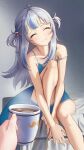  1girl absurdres bare_arms bare_legs barefoot bed bed_sheet blue_camisole blue_shorts camisole closed_eyes coffee coffee_mug collarbone cup flat_chest gawr_gura gradient gradient_background highres hololive hololive_english jedd_(jeddisorange) knee_up light_blush long_hair mug multicolored_hair mustache_print on_bed pov short_shorts shorts sitting smile strap_slip streaked_hair twintails virtual_youtuber white_hair 