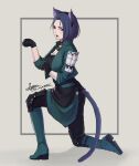 1girl animal_ears black_gloves black_pants black_shirt blue_hair boots breasts cat_ears cat_tail cleavage cm_lynarc fire_emblem fire_emblem:_three_houses forehead gloves green_footwear green_jacket grey_background highres jacket kemonomimi_mode large_breasts long_sleeves looking_at_viewer open_clothes open_jacket open_mouth pants purple_eyes shamir_nevrand shirt short_hair simple_background solo tail 