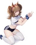  1girl alternate_costume angelina_(arknights) animal_ears arknights black_buruma blush bound bound_wrists breasts brown_hair buruma cleavage cleavage_cutout clothing_cutout crop_top cuffs fox_ears gym_shirt hairband kneeling lalala_(3388094776) large_breasts long_hair looking_at_viewer nail_polish navel orange_nails parted_lips red_eyes red_hairband shackles shirt short_sleeves simple_background skindentation solo thighhighs twintails white_background white_shirt white_thighhighs 