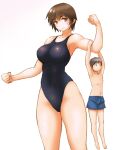  1boy 1girl black_hair breasts brown_eyes brown_hair giant giantess holding_up large_breasts male_swimwear one-piece_swimsuit original panah picking_up school_swimsuit short_hair swim_trunks swimsuit thighs 