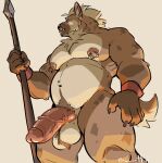  2021 anthro armor baehotline ball_tuft balls bracers chest_tuft fur genitals gnoll hair hi_res holding_object holding_spear holding_weapon humanoid_genitalia hyaenid looking_aside male mammal mane melee_weapon musclegut muscular nipple_piercing nipples nude pecs penis piercing polearm scar simple_background solo spear standing tuft vein weapon 
