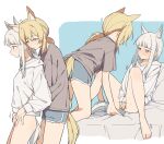  2girls all_fours alternate_costume animal_ear_fluff animal_ears arknights bangs barefoot bed_sheet blonde_hair blue_background blue_shorts blunt_bangs blush bottomless bright_pupils brown_eyes brown_shirt closed_mouth coldcat. covering covering_crotch embarrassed fingering fingering_from_behind grey_hair highres hood hood_down hoodie horse_ears horse_girl horse_tail long_hair long_sleeves looking_at_another looking_down low_twintails motion_lines multiple_girls nearl_(arknights) on_bed orange_eyes platinum_(arknights) ponytail shirt short_sleeves shorts sidelocks sitting sleeves_past_wrists spread_legs sweater tail twintails two-tone_background white_background white_hair white_hoodie white_sweater yellow_eyes yuri 