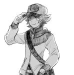  1boy bag baseball_cap belt greyscale hand_in_pocket hand_on_headwear hat highres hilbert_(pokemon) jacket long_sleeves male_focus monochrome pokemon pokemon_(game) pokemon_bw short_hair simple_background smile solo upper_body white_background yo_mo zipper_pull_tab 