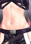  1girl arknights black_hair black_jacket black_pants crop_top head_out_of_frame hip_vent jacket long_hair navel open_clothes open_jacket pants puritijiiji solo stomach texas_(arknights) unzipped upper_body very_long_hair zipper_pull_tab 