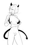  1girl aimlessvagrant blush bottomless breasts cigarette collar demon_girl demon_horns demon_tail ear_piercing greyscale helltaker highres horns monochrome mouth_piercing navel nipple_piercing nipples piercing pubic_hair pussy sweat tail white_background zdrada_(helltaker) 