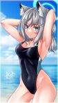  absurdres animal_ear_fluff animal_ears armpits bangs beach black_one-piece_swimsuit blue_archive blue_eyes blue_sky blurry blurry_background breasts cloud competition_swimsuit corsairzero11 covered_navel cowboy_shot cross_hair_ornament day extra_ears grey_hair hair_ornament halo highleg highleg_swimsuit highres horizon looking_at_viewer low_ponytail medium_breasts medium_hair mismatched_pupils multicolored_clothes multicolored_swimsuit ocean one-piece_swimsuit outdoors shiroko_(blue_archive) shiroko_(swimsuit)_(blue_archive) sky swimsuit 