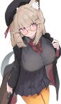  1girl :q animal_ear_fluff animal_ears arknights bag bangs black_headwear black_jacket black_skirt blush breasts brown_hair closed_mouth glasses grey_shirt hat high-waist_skirt highres holding holding_bag jacket large_breasts long_sleeves looking_at_viewer mikozin neck_ribbon official_alternate_costume open_clothes open_jacket panties pleated_skirt purple_eyes red_ribbon ribbon school_uniform shirt short_hair simple_background skirt smile solo tail tilted_headwear tongue tongue_out underwear utage_(arknights) utage_(disguise)_(arknights) white_background yellow_panties 