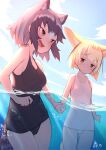  2girls :3 :d air_bubble akuma_(st.takuma) animal_ear_fluff animal_ears bangs bare_arms bare_shoulders black_hair blonde_hair blue_sky blunt_bangs breasts brown_eyes bubble cloud commentary common_raccoon_(kemono_friends) covered_navel day extra_ears fang fennec_(kemono_friends) fox_ears fox_girl fox_tail grey_hair hair_between_eyes highres holding_hands kemono_friends looking_at_another looking_away medium_breasts multicolored_hair multiple_girls open_mouth outdoors partially_underwater_shot raccoon_ears raccoon_girl raccoon_tail short_hair sky small_breasts smile symbol-only_commentary tail v-shaped_eyebrows white_hair 