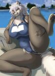  anthro blush butt canid canine canis clothing female hi_res mammal nukochi one-piece_swimsuit solo spread_legs spreading swimwear thick_thighs wolf 