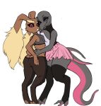  anthro anthro_on_anthro bottomwear breast_squish breasts breasts_frottage butt caelum clothing female female/female generation_4_pokemon generation_7_pokemon legwear lopunny nintendo pokemon pokemon_(species) salazzle simple_background skirt squish thigh_highs video_games white_background 