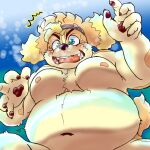  anthro belly blonde_hair blush canid canine canis domestic_dog embarrassed floppy_ears hair hi_res hisaki_(live-a-hero) lifewonders live-a-hero male mammal navel nigauritaruto nipples nude overweight pawpads solo surprise underwater video_games water 