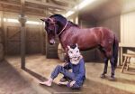  absurd_res anthro black_hair brown_body brown_fur calm clothing costume duo edit equid equine feral fur fursuit genitals hair hand_holding hi_res horse male male/male mammal meme penis penis_tip real sergal sergal_gustaf7 serguz shopped stable 