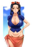  1girl absurdres aqua_eyes black_hair blue_shirt border breasts cleavage closed_mouth crop_top english_commentary eyewear_on_head groin hand_on_hip highres kevbot large_breasts long_hair midriff navel nico_robin one_piece sarong shirt solo stomach straight_hair sunglasses white_border 