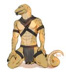  2019 abs anthro blue_eyes bottomwear clothed clothing dated famir_(artist) front_view full-length_portrait grey_loincloth grey_neckwear grey_tongue hand_on_leg hi_res kneeling loincloth looking_at_viewer male muscular muscular_anthro muscular_male neckwear pecs portrait scalie sharp_teeth signature simple_background solo species_request tan_body tan_tail teeth tongue tongue_out topless white_background 