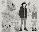  1boy 1girl absurdres bianca_(pokemon) blush cheren_(pokemon) closed_eyes cold flying_sweatdrops full_body glasses greyscale highres jacket looking_at_another looking_away monochrome multiple_views open_mouth pokemon pokemon_(game) pokemon_bw2 scarf standing sweat translation_request yo_mo 