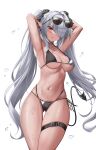  1girl absurdres armpits arms_behind_head arms_up bikini black_bikini black_choker black_ribbon blue_archive blush breasts chestnut_mouth choker dark-skinned_female dark_skin demon_tail elze_(s01047480836) eyewear_on_head grey_hair hair_over_one_eye hair_ribbon highres iori_(blue_archive) iori_(swimsuit)_(blue_archive) long_hair medium_breasts navel open_mouth pointy_ears red_eyes ribbon simple_background skindentation solo stomach sunglasses swimsuit tail thigh_strap thighs twintails underboob very_long_hair wet white_background 