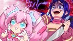 16:9 2025 2_horns 5_fingers accessory arms_bent bangs blood blue_eyebrows blue_eyes blue_hair blue_hair_accessory blue_horn blush blush_lines bodily_fluids breasts chibidoki cleavage clothed clothed_female clothed_human clothed_humanoid clothing collarbone colored digital_creature digital_drawing_(artwork) digital_media_(artwork) dress duo enamored english_description evil_grin eyebrows eyelashes eyelashes_through_hair female female_human female_humanoid fingers gaelfox gloves gums hair hair_accessory hair_ribbon hand_on_own_face handwear heart_eyes heart_hair heart_symbol hi_res holding_knife holding_object horn horned_humanoid human humanoid humanoid_pointy_ears kerchief knife larger_female larger_human light lighting looking_at_another looking_down looking_down_at_another mammal miside mita_(miside) multicolored_horn neckerchief neckwear no_pupils noseless not_furry oblivious ominous open_mouth open_smile outline pigtails pink_bow pink_eyebrows pink_hair pink_kerchief pink_neckerchief pink_ribbon pointy_ears red_clothing red_shirt red_tongue red_topwear ribbons shaded shirt simple_background size_difference smaller_female smaller_humanoid smile smiling_at_another sparkles sparkling_eyes standing tan_body tan_skin teeth tongue topwear translucent translucent_hair vtuber white_clothing white_dress white_gloves white_handwear white_mouth white_outline white_ribbon white_shirt white_topwear widescreen