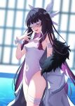  1girl absurdres armpits bangs bare_shoulders black_hair blunt_bangs blush breasts closed_eyes coat cocoablue23 columbina_(genshin_impact) commentary_request covered_navel fur_trim genshin_impact hand_up highres long_sleeves multicolored_hair parted_lips purple_hair school_swimsuit small_breasts smile solo swimsuit thighs white_coat white_one-piece_swimsuit 