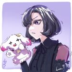 1girl angry animal_puppet bags_under_eyes bang_dream! bang_dream!_yumemita black_hair black_shirt commentary_request fuji_miyako hand_puppet long_sleeves lyushuo open_mouth puppet purple_eyes purple_hair shirt short_hair simple_background solo upper_body 