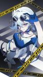  1girl absurdres adjusting_eyewear blue_gloves blue_shirt breasts caution_tape chinese_commentary commentary_request earrings eyewear_on_head from_above gloves highres honkai:_star_rail honkai_(series) jewelry long_hair looking_at_viewer medium_breasts midriff official_alternate_costume road shirt skirt solo street sunglasses very_long_hair white_hair white_skirt yao_guang_(chapanda)_(honkai:_star_rail) yao_guang_(honkai:_star_rail) yu_cheyeweimian 