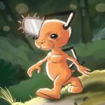  absurdres animal_nose chainsaw chainsaw_man closed_mouth commentary creature fangs highres m3ll0_cm meme outdoors pochita_(chainsaw_man) smurf_cat_(meme) tail untranslatable_commentary walking 