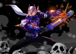  1boy armor armored_gloves black_bodysuit black_gloves bodysuit boots chainsaw claw_(weapon) cowboy_shot desire_driver finishing_move fox fox_mask gloves highres kamen_rider kamen_rider_geats kamen_rider_geats_(series) kitsune looking_at_viewer male_focus mask otokamu over_shoulder purple_armor raise_buckle scarf shoulder_spikes skull spikes spread_legs sword weapon weapon_over_shoulder white_scarf zombie zombie_breaker 