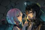  2girls absurdres black_gloves black_hair black_jacket blue_hair braid cigarette_kiss commentary cyberpunk:_edgerunners cyberpunk_(series) english_commentary erikvarts female_rover_(perpetual_spark)_(wuthering_waves) female_rover_(wuthering_waves) fingerless_gloves gloves hair_ornament half_up_braid highres holding holding_lighter jacket lighter lucy_(cyberpunk) multiple_girls night night_city_(cyberpunk) outdoors pink_hair rover_(wuthering_waves) signature upper_body wuthering_waves 