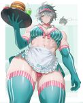  1boy abs alhaitham_(genshin_impact) alpaitham apron aqua_bikini aqua_eyes aqua_gloves aqua_skirt aqua_sleeves aqua_thighhighs bikini blush bulge burger closed_mouth commentary drinking_straw food french_fries genshin_impact glass gloves grey_hair highres holding holding_plate maid maid_apron maid_bikini male_focus muscular muscular_male navel nipples plate short_hair skirt solo stomach swimsuit thighhighs unconventional_maid untranslatable_commentary visor_cap 