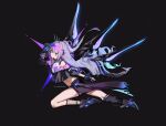  1girl absurdres artist_name black_gloves black_shorts commentary_request crop_top drill_hair drill_ponytail english_text eyewear_on_head fingerless_gloves fishnet_socks fishnets gauntlets gloves gradient-tinted_eyewear grey_eyes grey_hair half-skirt hereokita highres honkai:_star_rail honkai_(series) jacket long_hair looking_at_viewer mechanical_boots mechanical_gloves mechanical_tail mechanical_wings midriff navel purple-tinted_eyewear shorts silver_wolf_(honkai:_star_rail) silver_wolf_(lv.999)_(honkai:_star_rail) single_fingerless_glove single_gauntlet single_mechanical_glove socks tail tinted_eyewear very_long_hair wings 