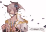  1boy blue_eyes cardinal_(ragnarok_online) commentary_request cross fake_wings four-finger_heart_hands golden_wings grey_hair grey_horns hair_over_one_eye heart heart_hands high_ponytail horns jewelry male_focus multiple_rings omanjuu_(tamppcn) open_mouth petals ponytail ragnarok_online ring shirt short_hair short_ponytail simple_background smile solo upper_body watermark white_background white_shirt wings 