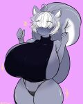  anthro big_breasts breasts cute_expression felid feline female fur grey_body grey_fur hair hi_res huge_breasts hybrid lakie_(mrschllyay) mammal mephitid skunk solo suomii white_hair 