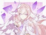  1girl absurdres border breasts chinese_commentary commentary corset crystal_shards elysia_(herrscher_of_human:_ego)_(honkai_impact) elysia_(honkai_impact) fanqie_fei_niu_mian gloves highres honkai_(series) honkai_impact_3rd large_breasts long_hair looking_at_viewer multicolored_hair own_hands_together pink_background pink_hair purple_eyes smile solo two-tone_hair upper_body veil very_long_hair white_border white_corset white_gloves white_hair white_veil 