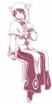  1boy animal_hood cat_hood coat commentary_request cross_of_prontera donut food full_body high_priest_(ragnarok_online) holding holding_donut holding_food hood hood_up invisible_chair long_sleeves looking_afar male_focus minaseus monochrome open_mouth pants purple_theme ragnarok_online shoes short_hair simple_background sitting smile solo white_background 