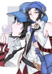  1girl bag belt black_belt black_hair black_necktie black_sleeves blowing_bubble_gum blue_hat chewing_gum choker commentary_request cowboy_shot detached_sleeves elbow_gloves fingerless_gloves from_side gloves green_eyes grey_background hat hat_ornament highres lock lock_choker looking_at_viewer marie_(persona_4) multiple_views necktie neko0730 newsboy_cap padlock padlocked_choker padlocked_collar persona persona_4 persona_4_the_golden plaid_clothes plaid_skirt red_choker red_skirt red_sleeves shirt short_hair shoulder_bag sidelocks simple_background skirt sleeveless sleeveless_shirt striped_clothes striped_gloves striped_skirt white_background 