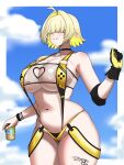  1girl absurdres ahoge areola_slip blonde_hair border breasts can clothing_cutout commentary dosdual drink_can elegg_(boom_and_shock)_(nikke) elegg_(nikke) game_controller_print gloves goddess_of_victory:_nikke hair_intakes hair_over_eyes heart_cutout highres holding holding_can huge_breasts large_areolae long_bangs multicolored_swimsuit navel official_alternate_costume outside_border rabbit_choker rabbit_ornament see-through_clothes see-through_slingshot_swimsuit short_hair single_glove slingshot_swimsuit solo stomach swimsuit thick_thighs thighs two-sided_gloves two-tone_slingshot_swimsuit white_border yellow_slingshot_swimsuit 