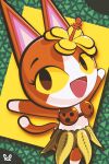 2:3 animal_crossing anthro brown_body brown_fur coconut coconut_(luckythe3rdcat) coconut_bra domestic_cat drupe_(fruit) eyebrows fan_character felid feline felis female flower flower_accessory food fruit fur grass_skirt hi_res kirbyzaz mammal multicolored_body multicolored_fur nintendo plant pupils signature slit_pupils smile solo tagme tail white_body white_fur yellow_eyes