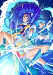  2girls absurdres animal_ears blue_boots blue_choker blue_eyes blue_gloves blue_hair blue_theme blue_vest boots breasts choker commentary_request crown crown_earrings cure_fontaine cure_gelato earrings extra_ears gloves gold_crown hair_ornament healin'_good_precure healing_animal healing_wand heart heart_hair_ornament heart_wand highres jewelry kirakira_precure_a_la_mode lion_ears lion_tail long_hair looking_at_viewer magical_girl multiple_girls pegitan_(precure) pointed_crown precure sawaizumi_chiyu smile split_ponytail tail tategami_aoi thighhighs tirofinire vest wide_ponytail 