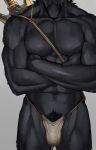  2022 abs anthro bulge clothed clothing crossed_arms felid inubikko male mammal melee_weapon navel pantherine pecs pubes sheathed_weapon simple_background skimpy solo standing sword tagme torso_shot underwear weapon 