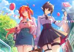  2girls alternate_costume arknights bag balloon black_hair black_skirt blue_sky breasts building city closed_mouth cloud commentary_request demon_girl demon_horns entelechia_(arknights) food from_below hair_between_eyes hair_horns handbag highres holding holding_food holding_popsicle horns laevatein_(la3vatein) looking_at_viewer md5_mismatch medium_breasts mole mole_under_eye multiple_girls outdoors pointy_ears popsicle purple_eyes red_eyes red_hair short_hair skirt sky skyscraper surtr_(arknights) thigh_strap tree 