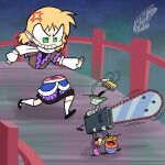  1girl anger_vein bisected black_shoes black_skirt blonde_hair bridge brown_shirt bug cartoon_logic chainsaw cockroach comb commentary crossover dee_dee_(oggy_and_the_cockroaches) english_commentary full_body green_eyes highres joey_(oggy_and_the_cockroaches) marky_(oggy_and_the_cockroaches) mizuhashi_parsee oggy_and_the_cockroaches open_mouth pointy_ears railing running shirt shoes short_hair skirt socks tnt_moxy toon_(style) touhou transverse_plane_cutting white_socks 