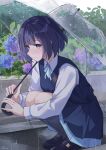  1girl absurdres blue_eyes blue_ribbon blue_skirt blue_vest blush closed_mouth collared_shirt commentary_request flower gakuen_idolmaster hataya_misuzu hatsuboshi_gakuen_school_uniform highres holding holding_umbrella hydrangea idolmaster kneehighs loafers long_sleeves mole mole_under_mouth noa_82g outdoors purple_hair rain ribbed_socks ribbon school_uniform shirt shoes short_hair signature skirt socks solo squatting transparent transparent_umbrella umbrella umbrella_over_shoulder vest white_shirt 