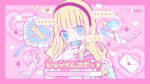  1girl absurdres battery_indicator blonde_hair blue_eyes blunt_bangs blush border cellphone chibi chibi_inset commentary envelope fake_phone_screenshot fake_screenshot hairband happy_(happi_illust) heart heart_background heart_wand highres holding holding_phone long_hair long_sleeves looking_at_viewer love_letter mixed-language_text original phone pink_background pink_border pink_theme purple_hairband smartphone smile solo sparkle speech_bubble upper_body 