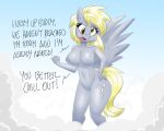  2021 anthro anthrofied blonde_hair breasts cloud collarbone cutie_mark derpy_hooves_(mlp) dialogue digital_media_(artwork) english_text equid equine eyelashes feathered_wings feathers flutterthrash friendship_is_magic genitals grey_body grey_feathers grey_nipples hair hasbro hi_res humanoid_hands mammal my_little_pony navel nipples nude open_mouth pegasus pussy solo standing text wings yellow_eyes yellow_tail 