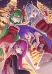  4girls :3 absurdres ahoge aokumo_rin armpits belt black_belt black_thighhighs blue_eyes breasts carbonara_(user_jstu7878) collarbone commentary dress english_commentary fang fox_girl green_eyes green_hair hair_ornament hanako_nana hat heterochromia highres large_breasts long_hair multiple_girls open_mouth outdoors pink_hair purple_eyes santa_costume santa_dress santa_hat stellive tenko_shibuki thighhighs v virtual_youtuber yellow_eyes yuzuha_riko 