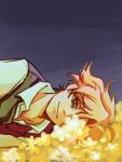  1boy artist_logo artist_name bags_under_eyes blonde_hair blucorvus collared_shirt commentary deltarune dying english_commentary flower flowery_(deltarune) green_vest grey_background highres logo looking_at_viewer lying on_ground on_side one_eye_covered orange_vest sad_smile shirt simple_background solo two-tone_vest utdr_(toby_fox) vest white_shirt yellow_eyes yellow_flower 