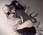  1girl absurdres animal_ears arknights black_hair black_pants black_shirt blush cat_ears cat_girl cat_tail clothes_pull green_eyes highres holding holding_phone holding_sex_toy jessica_(arknights) lying masturbation no_panties on_bed on_side pants pants_pull phone pillow ponytail sex_toy shirt short_sleeves solo sweatdrop t-shirt tail zongchi 