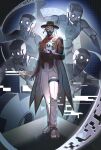  1boy 4others absurdres aqua_eyes ascot black_hat blue_coat brown_coat coat commentary english_commentary full_body hat highres holding honkai:_star_rail honkai_(series) humanoid_robot long_sleeves looking_at_viewer monocle multicolored_coat multiple_others pants phyriaxi red_ascot robot screwllum_(honkai:_star_rail) shoes standing thigh_strap two-tone_coat white_pants white_shoes 